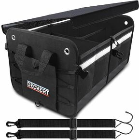 Deckert Car SUV Trunk Organizer, 600D Oxford Polyester, Collapsible, Multi compartments, Securing straps, Suitable for any car type, Black with Reflective Stripes