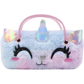 Girls Kids Eyeglass Case with Handle Cute Unicorn Sunglasses Case Holder Tie Dye Fluffy Plush Faux Fur Hard Shell