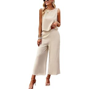 Women's Summer 2 Piece Outfits Sleeveless Round Neck Tank Crop Basic Top Capri Wide Leg Pants Set with Pockets