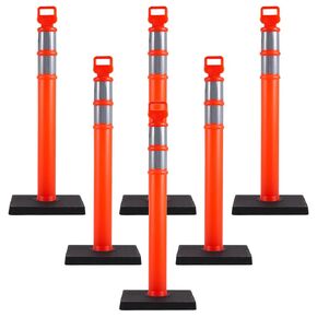 3 Pack Delineator Post Set, 45" Orange Traffic Delineator Post Cone with 10lbs Rubber Base, Safety Cones with 2 Reflective Tapes and Red & White Plastic Chains for Parking Lot