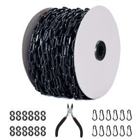 125 Feet Black Plastic Safety Barrier Chain with 12 Black S-Hooks | 12 Carabiner Clips | Caution Security Chain Safety Chain for Crowd Control, Construction Site