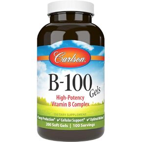 Carlson - B-100 Gels, High-Potency Vitamin B Complex, Energy Production, Cellular Support & Optimal Wellness, 200 Softgels