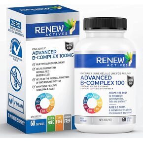 Renew Actives Vitamin B Complex 100: Advanced Comprehensive Wellness - 100% of B1, B2, B3, B5, B-6, B-12. Promotes Normal Growth, Tissue Formation, & Liver Function - Essential for Health - 60 Caps
