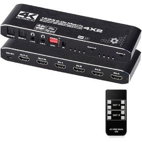 HDMI Matrix 4x2, 4K HDMI Matrix Switch 4 in 2 Out Switcher Splitter Box with EDID Extractor and IR Remote Control, Support Ultra 4K HDR,4Kx2K@60Hz, 3D, 1080P，HDMI 2.0b, HDCP 2.2
