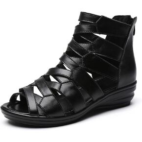 Women Black Leather High Top Gladiator Sandals,Summer Peep Toe Hollow Back Zipper Dressy Flat Roman Sandals Wedges Sandals