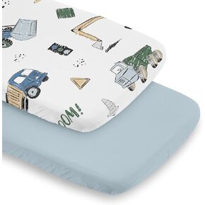 Sweet Jojo Designs Construction Truck Boy Baby Bassinet Sheets Fitted Sheet Set Infant Newborn Nursery Oval Rectangle Hourglass Mattress 2p Blue Grey Green Transportation Zone Vehicles Bulldozer Crane
