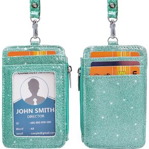 ID Badge Holder with Neck Lanyard PU Leather ID Badge Wallet Case with 1 ID Window, 4 Card Slots, 1 Side Zipper Pocket