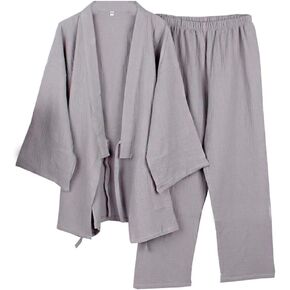 Japanese Mens Meditation Robe Double Gauze Cotton Dressing Gown Kimono Pajamas