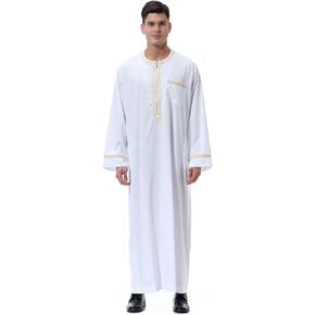 Men's Muslim Clothes Durable Kaftan Robe Round Collar Long Sleeve Islamic Thobe Dubai Long Gown Arab Wear