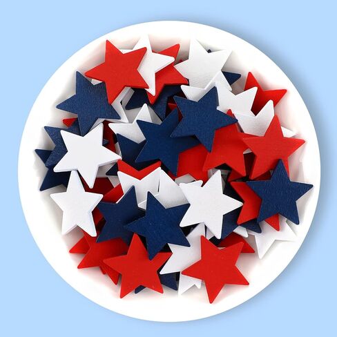 Bucherry 135 Pcs Wooden Stars Decorations 4th of July Patriotic Star Ornaments for Crafts Red White Blue Star Shape Cutouts Vase Bowl Filler Tiered Tray Decor for Independence Memorial Day in Saudi Arabia