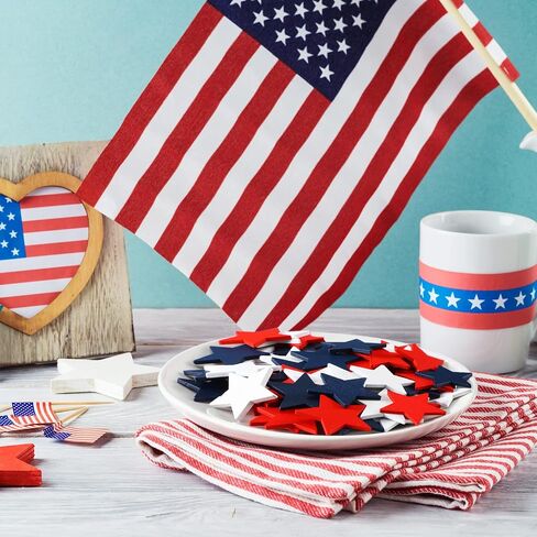 Bucherry 135 Pcs Wooden Stars Decorations 4th of July Patriotic Star Ornaments for Crafts Red White Blue Star Shape Cutouts Vase Bowl Filler Tiered Tray Decor for Independence Memorial Day in Saudi Arabia