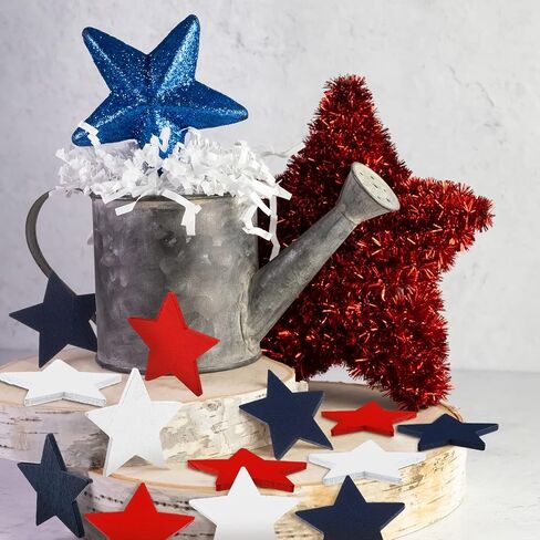 Bucherry 135 Pcs Wooden Stars Decorations 4th of July Patriotic Star Ornaments for Crafts Red White Blue Star Shape Cutouts Vase Bowl Filler Tiered Tray Decor for Independence Memorial Day in Saudi Arabia