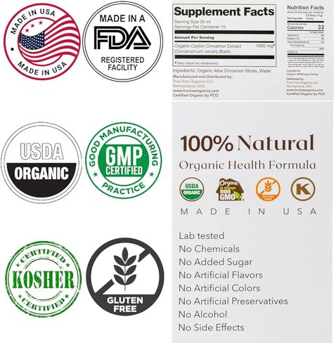 Liquid Cinnamon Honey Blend (Made in USA) — Natural Cough Syrup to Boost Immunity, Relieve Cold, Cough, Flu & Sore Throat — Ceylon Cinnamon (16 oz) and Honey (8 oz) for Kids and Adults by True Vine in Kuwait
