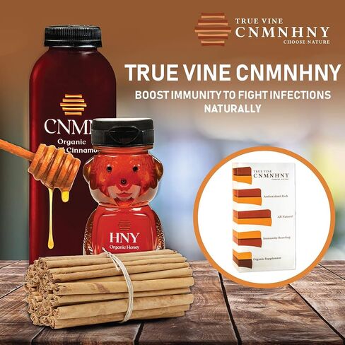 Liquid Cinnamon Honey Blend (Made in USA) — Natural Cough Syrup to Boost Immunity, Relieve Cold, Cough, Flu & Sore Throat — Ceylon Cinnamon (16 oz) and Honey (8 oz) for Kids and Adults by True Vine in Kuwait