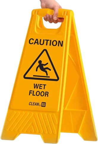 Restaurantware RW Clean 11.8 x 2 x 24.4 Inch Wet Floor Sign 1 Double-Sided Caution Sign - Built-In Handle Foldable Yellow Plastic Cleaning Signs For Commercial Use in Saudi Arabia