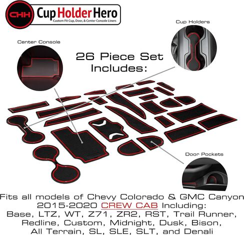 CupHolderHero يناسب ملحقات Chevy Colorado & GMC Canyon 2015-2022 الداخلية المخصصة الممتازة غير القابلة للانزلاق المضادة للغبار حامل الأكواب، سجادات بطانة وحدة التحكم المركزية، جيب الباب مجموعة 26 قطعة (كابينة الطاقم) (زخرفة بيضاء) in Kuwait