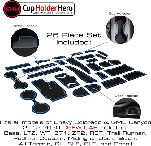 CupHolderHero يناسب ملحقات Chevy Colorado & GMC Canyon 2015-2022 الداخلية المخصصة الممتازة غير القابلة للانزلاق المضادة للغبار حامل الأكواب، سجادات بطانة وحدة التحكم المركزية، جيب الباب مجموعة 26 قطعة (كابينة الطاقم) (زخرفة بيضاء) in Kuwait