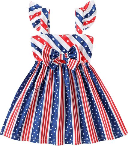 Girls 4th of July Dress Toddler American Flag Flutter Sleeve Bowknot Sundress Baby Stars Stripes Patriotic Clothes in Saudi Arabia