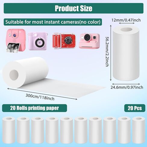 20 لفة كاميرا طباعة فورية للأطفال لإعادة تعبئة ورق الطباعة، لفات ورق طباعة حرارية طباعة صور عالية الدقة لمعظم الكاميرات الفورية للأطفال (57 × 25 مم) in Kuwait