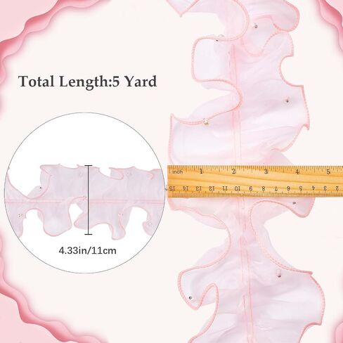 GORGECRAFT 5 Yards Pink Pleated Organza Ribbon Beading Ruffle Lace Trim 4-3/8" Gathered Trimmings Chiffon Beads Lace Edge Trim Fabric Garment Accessories for DIY Applique Sewing Craft Wedding Dress in Saudi Arabia