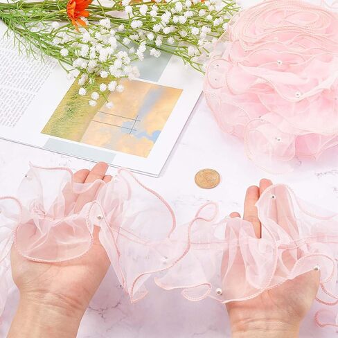 GORGECRAFT 5 Yards Pink Pleated Organza Ribbon Beading Ruffle Lace Trim 4-3/8" Gathered Trimmings Chiffon Beads Lace Edge Trim Fabric Garment Accessories for DIY Applique Sewing Craft Wedding Dress in Saudi Arabia