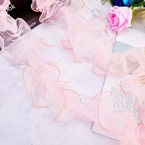GORGECRAFT 5 Yards Pink Pleated Organza Ribbon Beading Ruffle Lace Trim 4-3/8" Gathered Trimmings Chiffon Beads Lace Edge Trim Fabric Garment Accessories for DIY Applique Sewing Craft Wedding Dress in Saudi Arabia