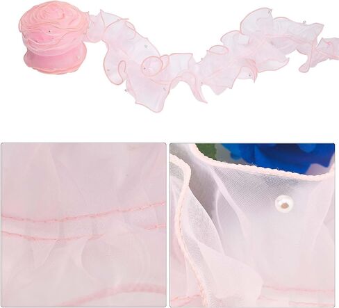 GORGECRAFT 5 Yards Pink Pleated Organza Ribbon Beading Ruffle Lace Trim 4-3/8" Gathered Trimmings Chiffon Beads Lace Edge Trim Fabric Garment Accessories for DIY Applique Sewing Craft Wedding Dress in Saudi Arabia