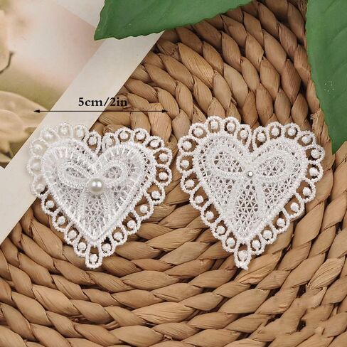 15 جهاز كمبيوتر شخصى الدانتيل القلب يزين القلب القوس الدانتيل حافة تقليم القلب اللؤلؤ خياطة على الحديد على بقع DIY بها بنفسك الحرف الملابس فستان قبعة العروس إكسسوارات الشعر ديكور الزفاف - أبيض in Kuwait