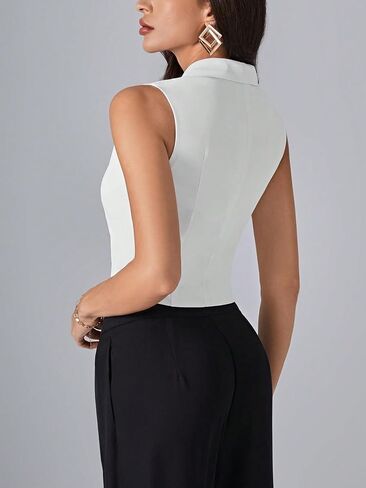 SweatyRocks Women's Button Front Vest Blazer Lapel Collar Sleeveless Slim Fit Jacket Top in Saudi Arabia