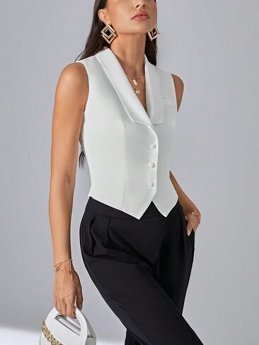 SweatyRocks Women's Button Front Vest Blazer Lapel Collar Sleeveless Slim Fit Jacket Top in Saudi Arabia