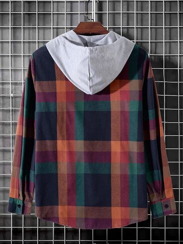 Verdusa Men's Button Down Long Sleeve Plaid Drawstring Hooded Jacket Coat in Saudi Arabia