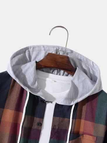 Verdusa Men's Button Down Long Sleeve Plaid Drawstring Hooded Jacket Coat in Saudi Arabia