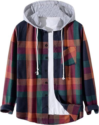 Verdusa Men's Button Down Long Sleeve Plaid Drawstring Hooded Jacket Coat in Saudi Arabia