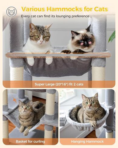 PETEPELA 69'' Tall Cat Tree for Indoor Large Cats, Large Cat Tower for Fat Cats with Super Big [20X16] Hammock, Cat ClimbingTree Tower with Scratching Posts, Condo House and Large Top Perch,Grey in Saudi Arabia
