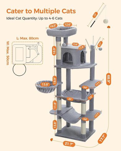 PETEPELA 69'' Tall Cat Tree for Indoor Large Cats, Large Cat Tower for Fat Cats with Super Big [20X16] Hammock, Cat ClimbingTree Tower with Scratching Posts, Condo House and Large Top Perch,Grey in Saudi Arabia