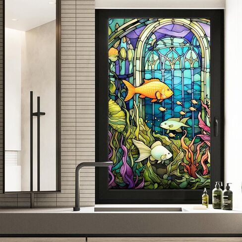 Submarine World Painted Frosted Static Cling Decorative Window Film,Non Adhesive Privacy Film,Stained Glass Window Film for Bathroom Shower Door Heat Anti UV 17.7"x39.5" (BL147) in Saudi Arabia