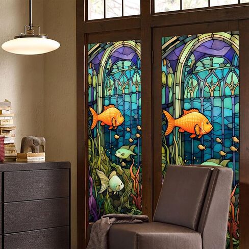 Submarine World Painted Frosted Static Cling Decorative Window Film,Non Adhesive Privacy Film,Stained Glass Window Film for Bathroom Shower Door Heat Anti UV 17.7"x39.5" (BL147) in Saudi Arabia