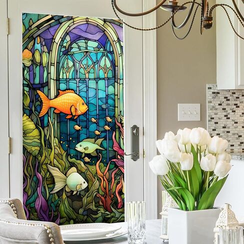 Submarine World Painted Frosted Static Cling Decorative Window Film,Non Adhesive Privacy Film,Stained Glass Window Film for Bathroom Shower Door Heat Anti UV 17.7"x39.5" (BL147) in Saudi Arabia
