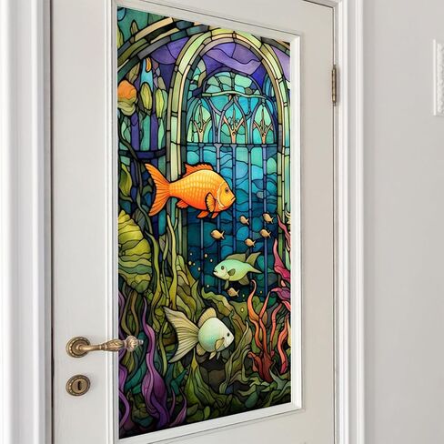 Submarine World Painted Frosted Static Cling Decorative Window Film,Non Adhesive Privacy Film,Stained Glass Window Film for Bathroom Shower Door Heat Anti UV 17.7"x39.5" (BL147) in Saudi Arabia