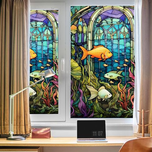 Submarine World Painted Frosted Static Cling Decorative Window Film,Non Adhesive Privacy Film,Stained Glass Window Film for Bathroom Shower Door Heat Anti UV 17.7"x39.5" (BL147) in Saudi Arabia
