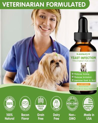 علاج عدوى الخميرة الطبيعية للكلاب | 60 مل يدعم تخفيف الحكة الصحية | علاج عدوى الأذن بالخميرة لدى الكلاب | تخفيف التهابات الكلاب وتخفيف الحساسية وتخفيف الحكة الجلدية | 2 أونصة سائلة، نكهة لحم الخنزير المقدد in Kuwait