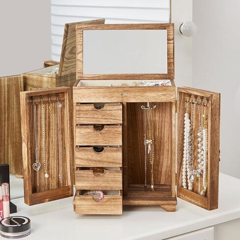 Jewelry Boxes for Women Girls, Large Wood Jewelry Box with mirror Drawer, 6-Layer Standing Rustic Jewelry Boxes & Organizers for Earrings Necklaces Ring Watch in Saudi Arabia