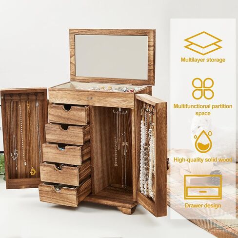 Jewelry Boxes for Women Girls, Large Wood Jewelry Box with mirror Drawer, 6-Layer Standing Rustic Jewelry Boxes & Organizers for Earrings Necklaces Ring Watch in Saudi Arabia