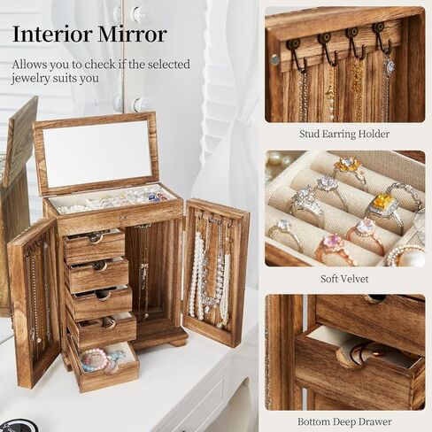 Jewelry Boxes for Women Girls, Large Wood Jewelry Box with mirror Drawer, 6-Layer Standing Rustic Jewelry Boxes & Organizers for Earrings Necklaces Ring Watch in Saudi Arabia