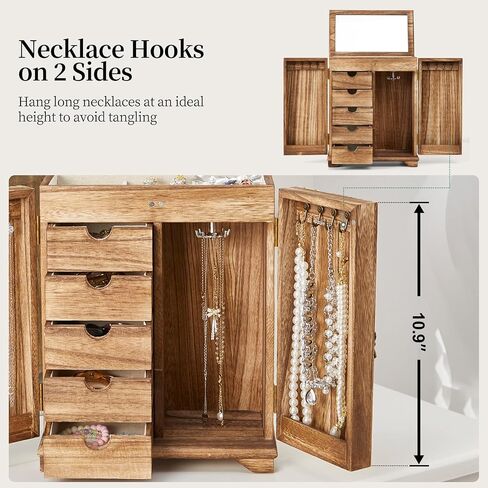 Jewelry Boxes for Women Girls, Large Wood Jewelry Box with mirror Drawer, 6-Layer Standing Rustic Jewelry Boxes & Organizers for Earrings Necklaces Ring Watch in Saudi Arabia