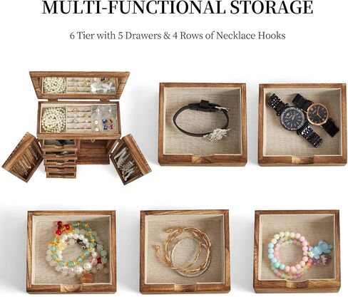 Jewelry Boxes for Women Girls, Large Wood Jewelry Box with mirror Drawer, 6-Layer Standing Rustic Jewelry Boxes & Organizers for Earrings Necklaces Ring Watch in Saudi Arabia