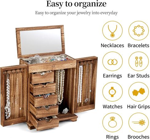 Jewelry Boxes for Women Girls, Large Wood Jewelry Box with mirror Drawer, 6-Layer Standing Rustic Jewelry Boxes & Organizers for Earrings Necklaces Ring Watch in Saudi Arabia