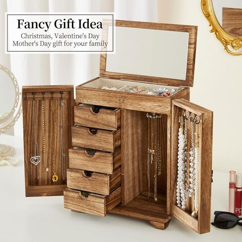 Jewelry Boxes for Women Girls, Large Wood Jewelry Box with mirror Drawer, 6-Layer Standing Rustic Jewelry Boxes & Organizers for Earrings Necklaces Ring Watch in Saudi Arabia