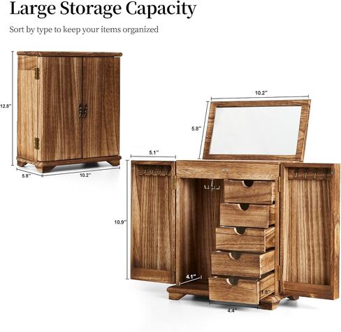 Jewelry Boxes for Women Girls, Large Wood Jewelry Box with mirror Drawer, 6-Layer Standing Rustic Jewelry Boxes & Organizers for Earrings Necklaces Ring Watch in Saudi Arabia