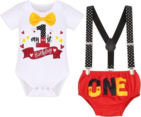 IDOPIP Baby Boys Half 1st 2nd Birthday Cake Smash Outfit Bowtie Romper Suspenders Shorts Headband Costume for Photo Party in Saudi Arabia